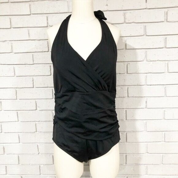 Boden Women Black Ruched Halter One Piece Swimsuit Wrap V-NeckSize 8